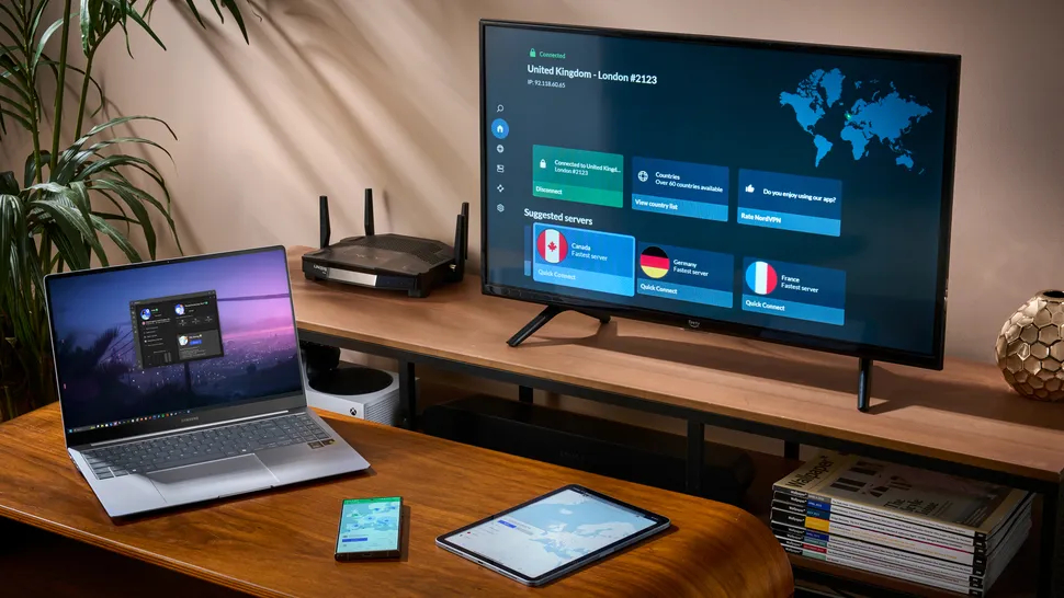Nord VPN software on a smartphone, tablet, laptop and smart TV