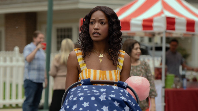 Samira (Keke Palmer) pushing a stroller in a scene from Peacock's "The 'Burbs"