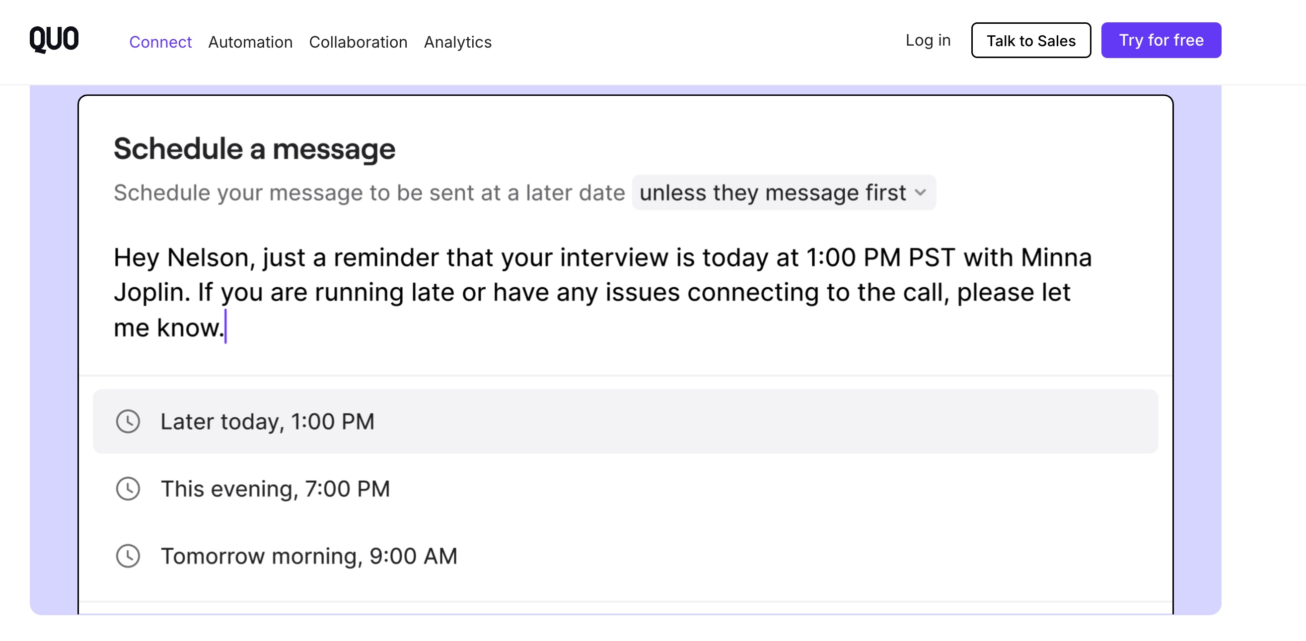 Screenshot showing Quo connect