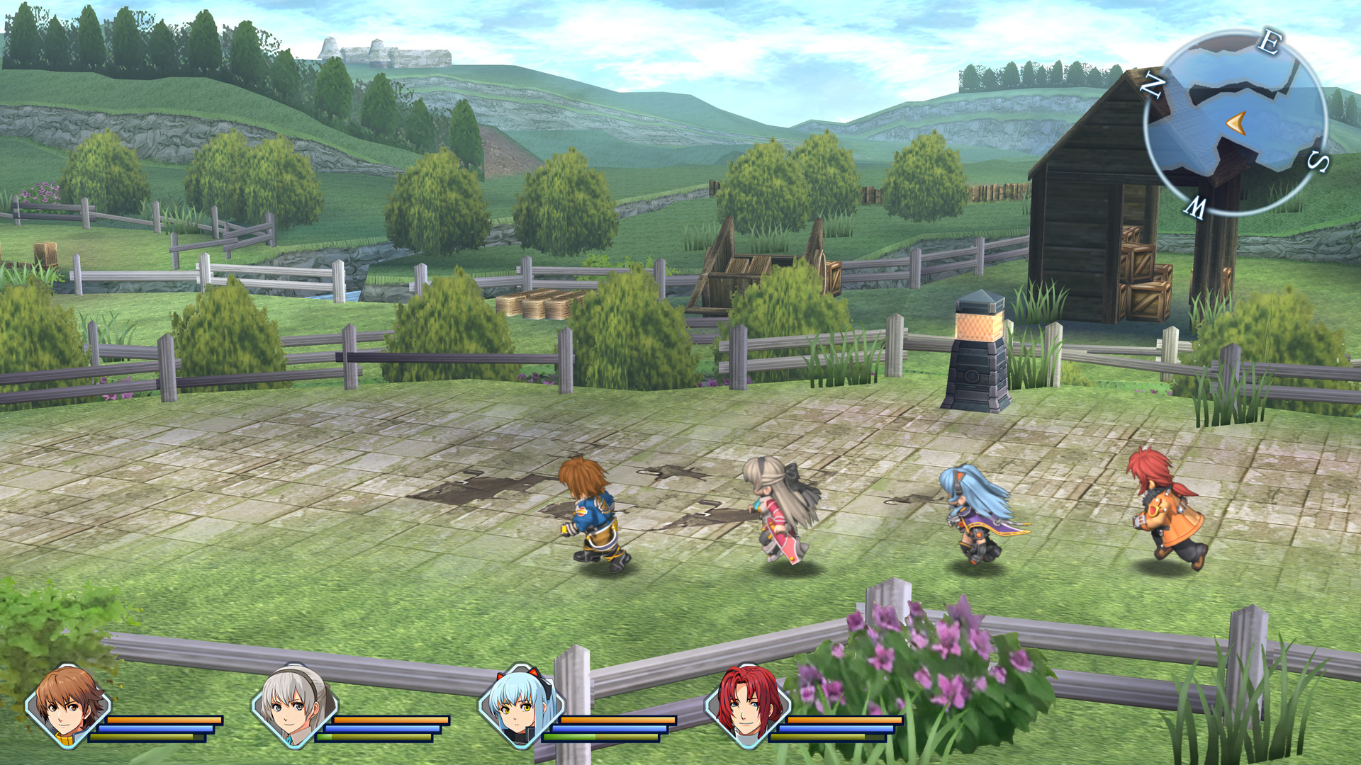 Best JRPGs - The player party runs across verdant meadowland in The Legend of Heroes: Trails from Zero.