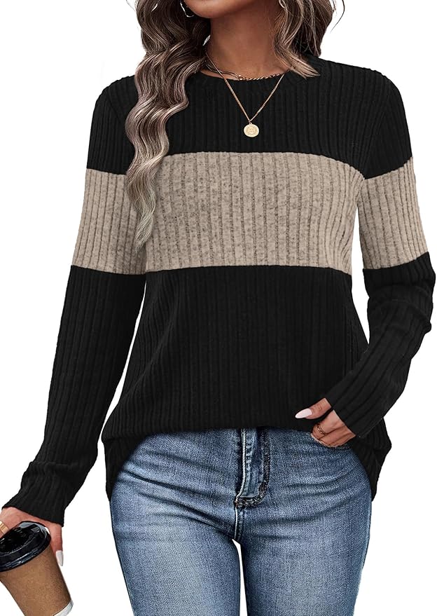 WIHOLL, Womens Sweaters Fall Clothes Fashion 2025 Work Blouses Dressy Casual Long Sleeve Shirts Color Block Womens Tops Old Money Clothes Anthropologie Khaki Xl