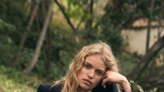 People in nature, Hair, Grass, Sitting, Blond, Green, Beauty, Tree, Jeans, Long hair,