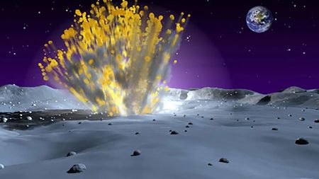 An artist illustration of a moon impact with the Earth in the background