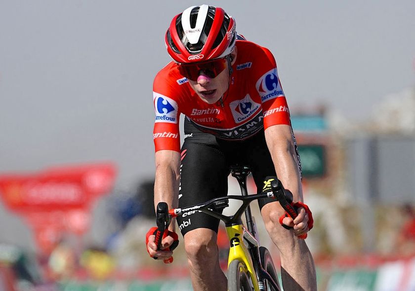 Second placed, overall leader of the Team Visma-Lease a Bike, Danish rider Jonas Vingegaard, crosses the finish line of the 13th stage of the Vuelta a Espana, a 202 km race between Cabezon de la Sal and L&#039;Angliru, on September 5, 2025. (Photo by Miguel RIOPA / AFP) (Photo by MIGUEL RIOPA/AFP via Getty Images)