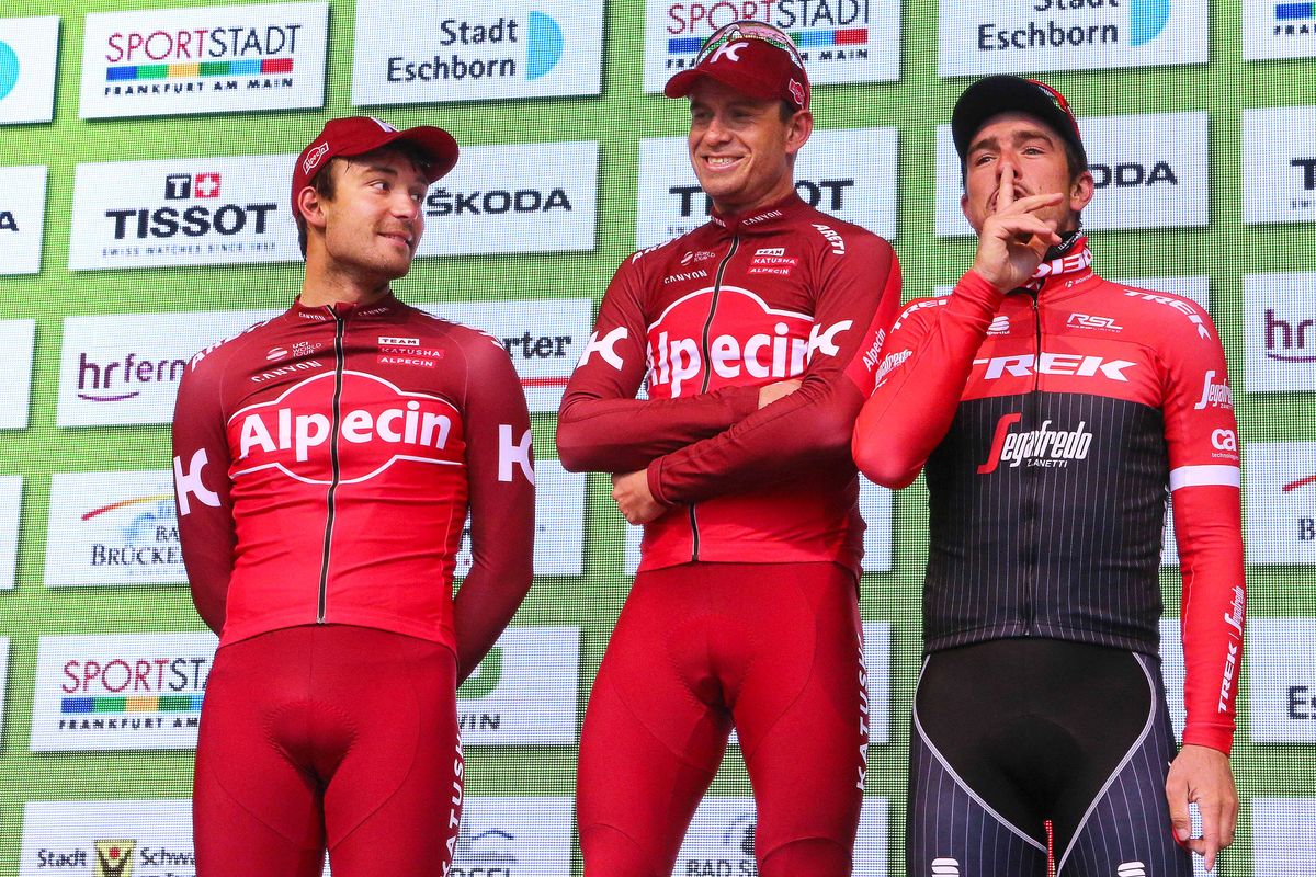 Rick Zabel, Alexander Kristoff and John Degenkolb on the podium in Frankfurt