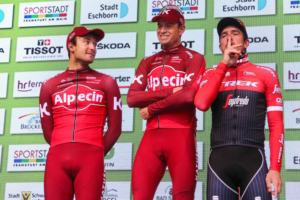 Rick Zabel, Alexander Kristoff and John Degenkolb on the podium in Frankfurt