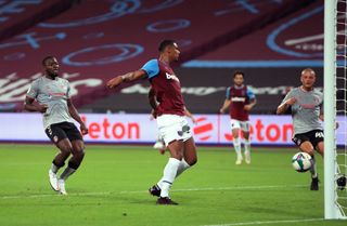 Sebastien Haller scores West Ham’s first goal of the game against Charlton