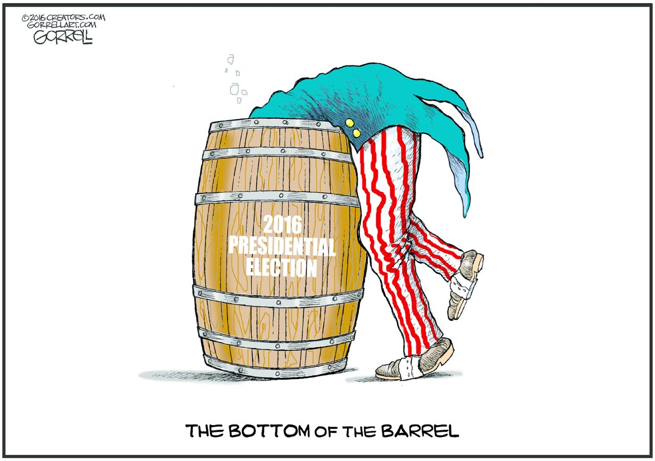 Political cartoon U.S. 2016 election bottom of the barrel