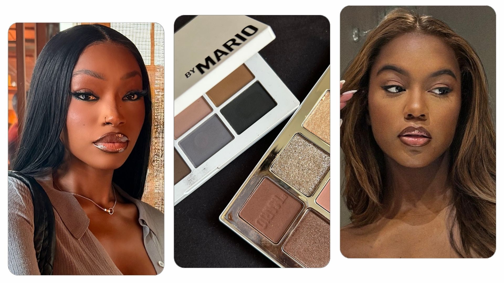 A collage of @uchjn and @melissareannejohnson wearing makeup looks, alongside two eyeshadow palettes
