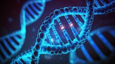 A fluorescent blue DNA double helix structure Human cell biology DNA strands molecular structure in 3D illustration.