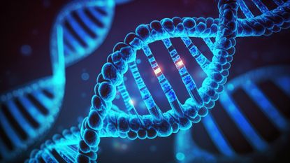 A fluorescent blue DNA double helix structure Human cell biology DNA strands molecular structure in 3D illustration.