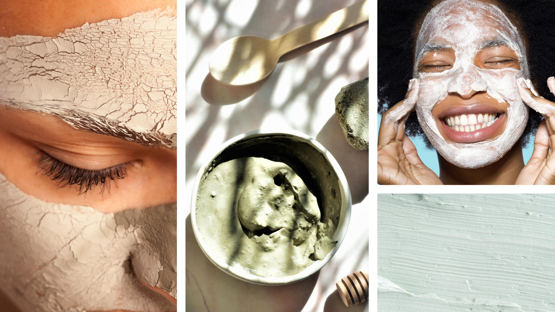 Various images of women in face masks as well as face mask products in a collage. 