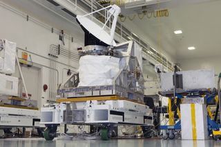 NASA's International Space Station-RapidScat instrument undergoes testing of its rotating radar antenna in the Space Station Processing Facility at NASA's Kennedy Space Center in Florida. The radar scatterometer represents the first scientific Earth-observing instrument to be operated from the exterior of the space station. Image released on June 18, 2014.