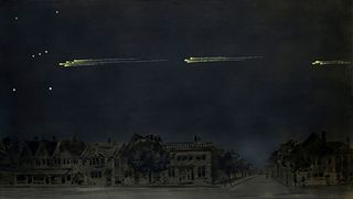 painting of several groups of streaking meteors with the orion constellation in the sky