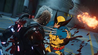 Marvel's Wolverine wearing animated suit stabbing a reaver in the shoulder