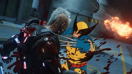 Marvel's Wolverine wearing animated suit stabbing a reaver in the shoulder