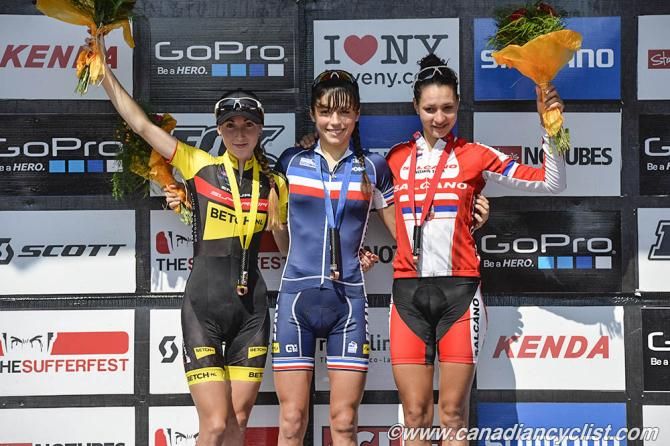 Under 23 women's podium in Windham, New York: Yana Belomoina, Margot Moschetti, Jovana Crnogorac