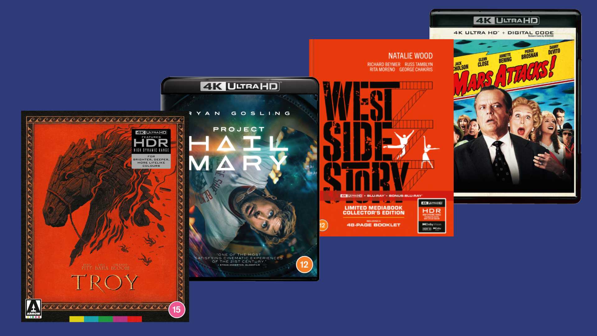 Most anticipated 4K Blu-rays August 2026 with covers of Troy, Project Hail Mary, West Side Story (1961) and Mars Attacks! 