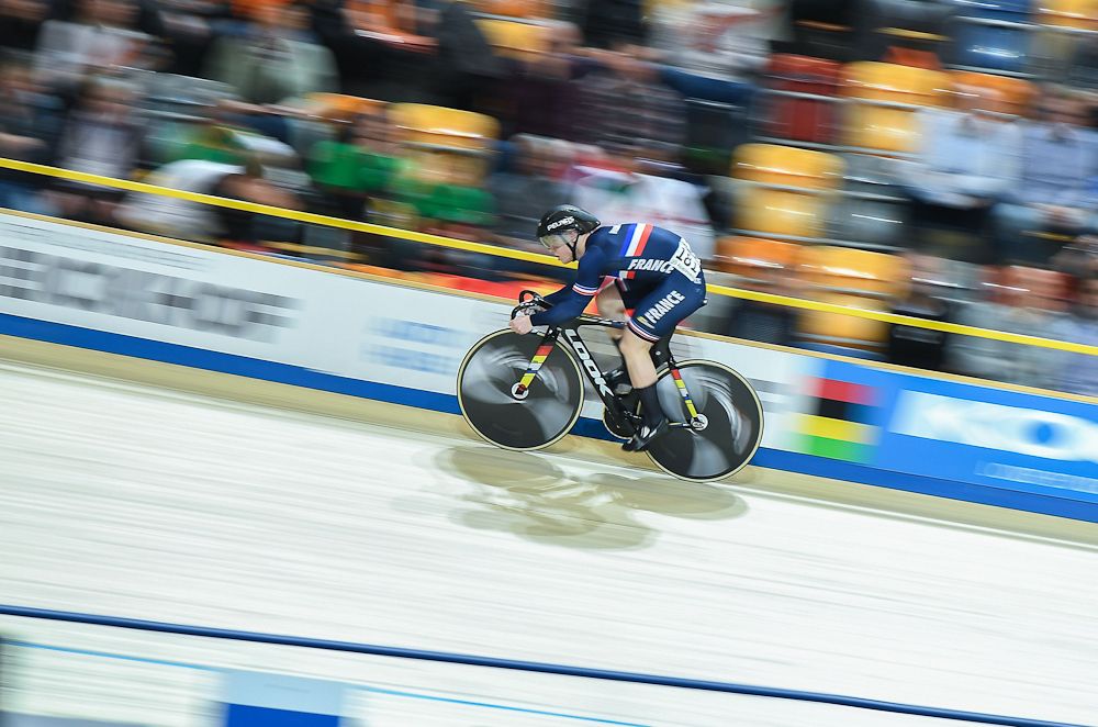 France's Sebastien Vigier takes part in the Men's Sprint Qualifying at the UCI Track Cycling World Championships in Apeldoorn