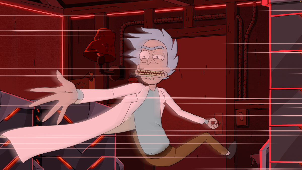 A blue-haired cartoon man reaching out while holding onto a door.