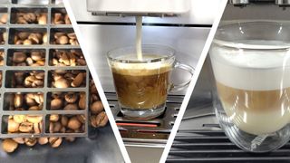 Split image of coffee beans, coffee machine dispensing milk, and latte macchiato made using home coffee machine