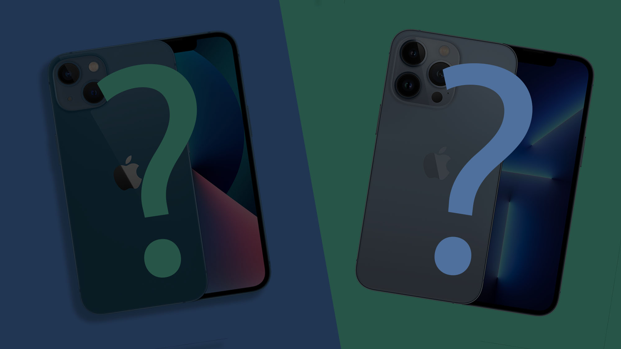 Two angled silhouetted iPhones with question marks over the top on a split color background