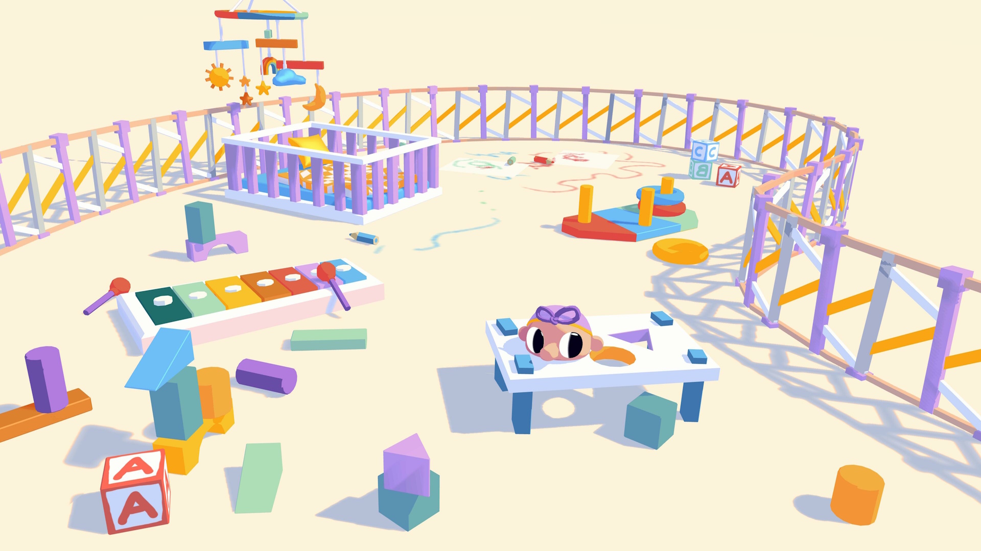 Henry Halfhead screenshot showcasing young Henry in a playpen with a bunch of toys