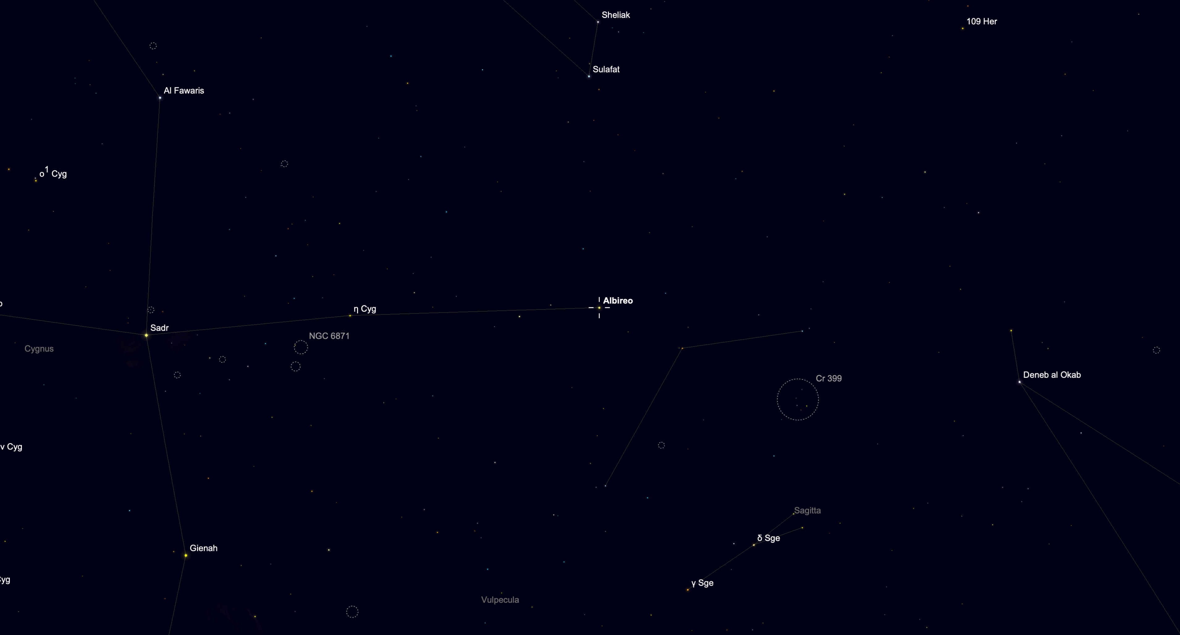 Sky chart highlighting the double star Albireo in the constellation Cygnus.