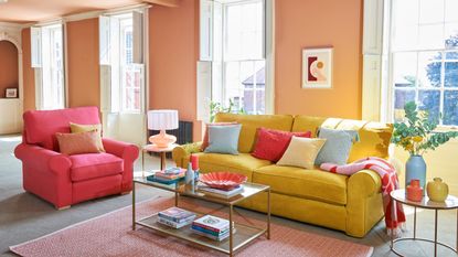 Color block living room with bright palette, and yellow sofa