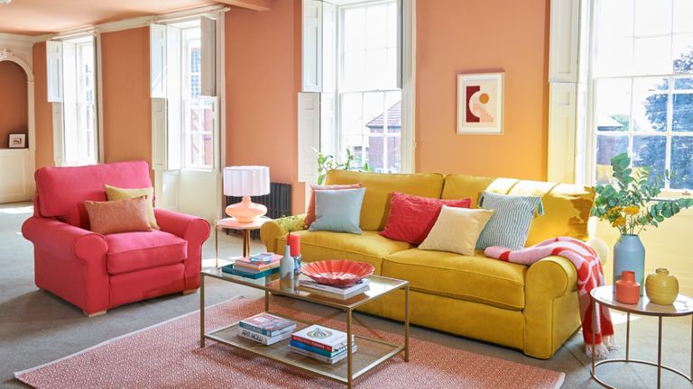 Color block living room with bright palette, and yellow sofa