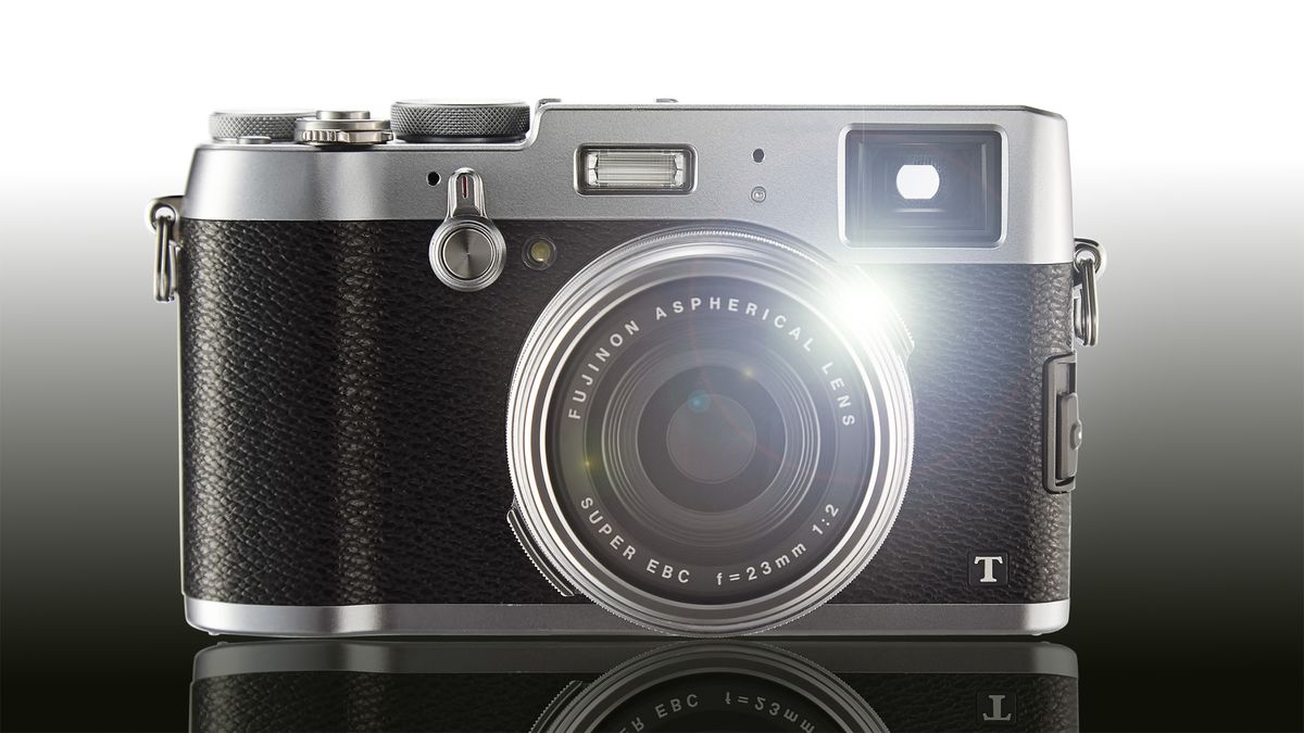 Fujifilm X100T product image on a white to black gradient