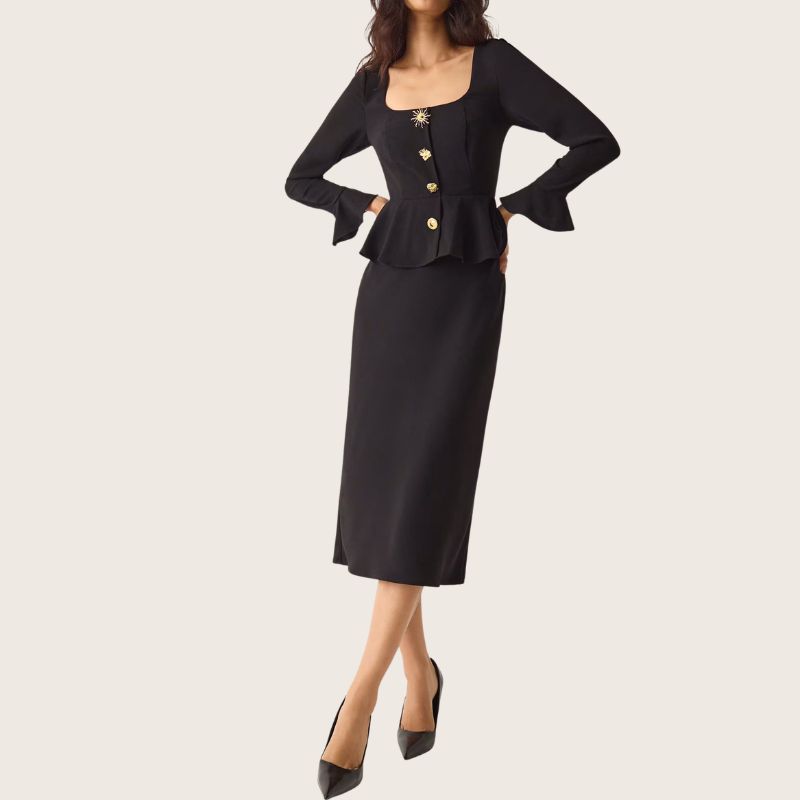 Monsoon Square Neck Gold Button Peplum Midi Dress on model