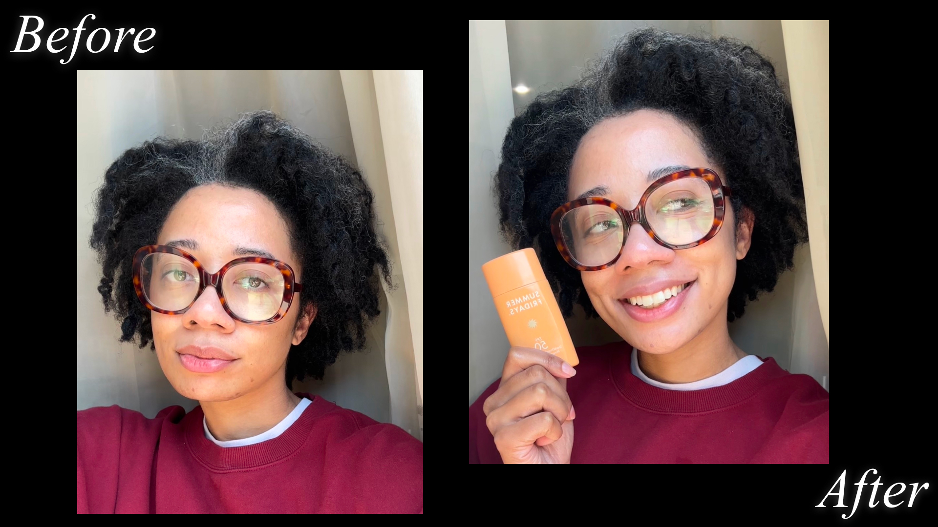 a woman with short curly hair and glasses in a maroon sweatshirt