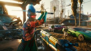 A cyber vandal swings a sword at the player who has a gun in Cyberpunk 2077.
