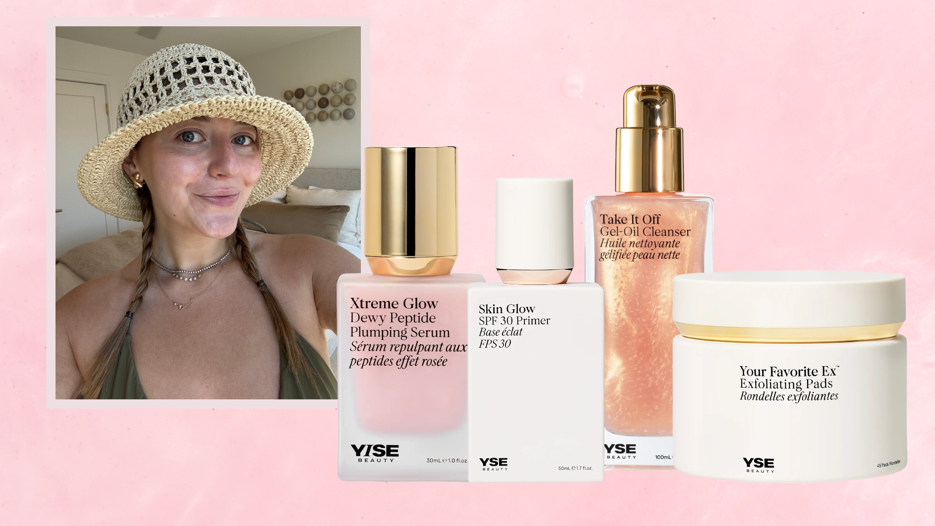 girl in pigtail braids and a sun hat with a summer glow next to yise beauty skincare bottles on a pink background