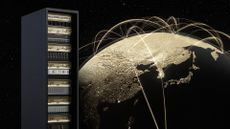 Nvidia NVQLink promotional image showing server rack with planet earth in background.