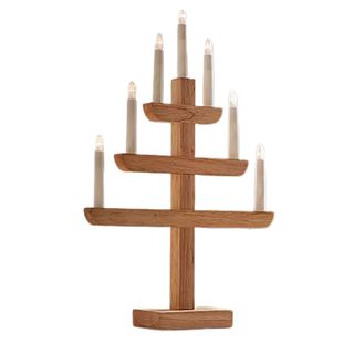 Wooden candelabra with fake white candlesticks