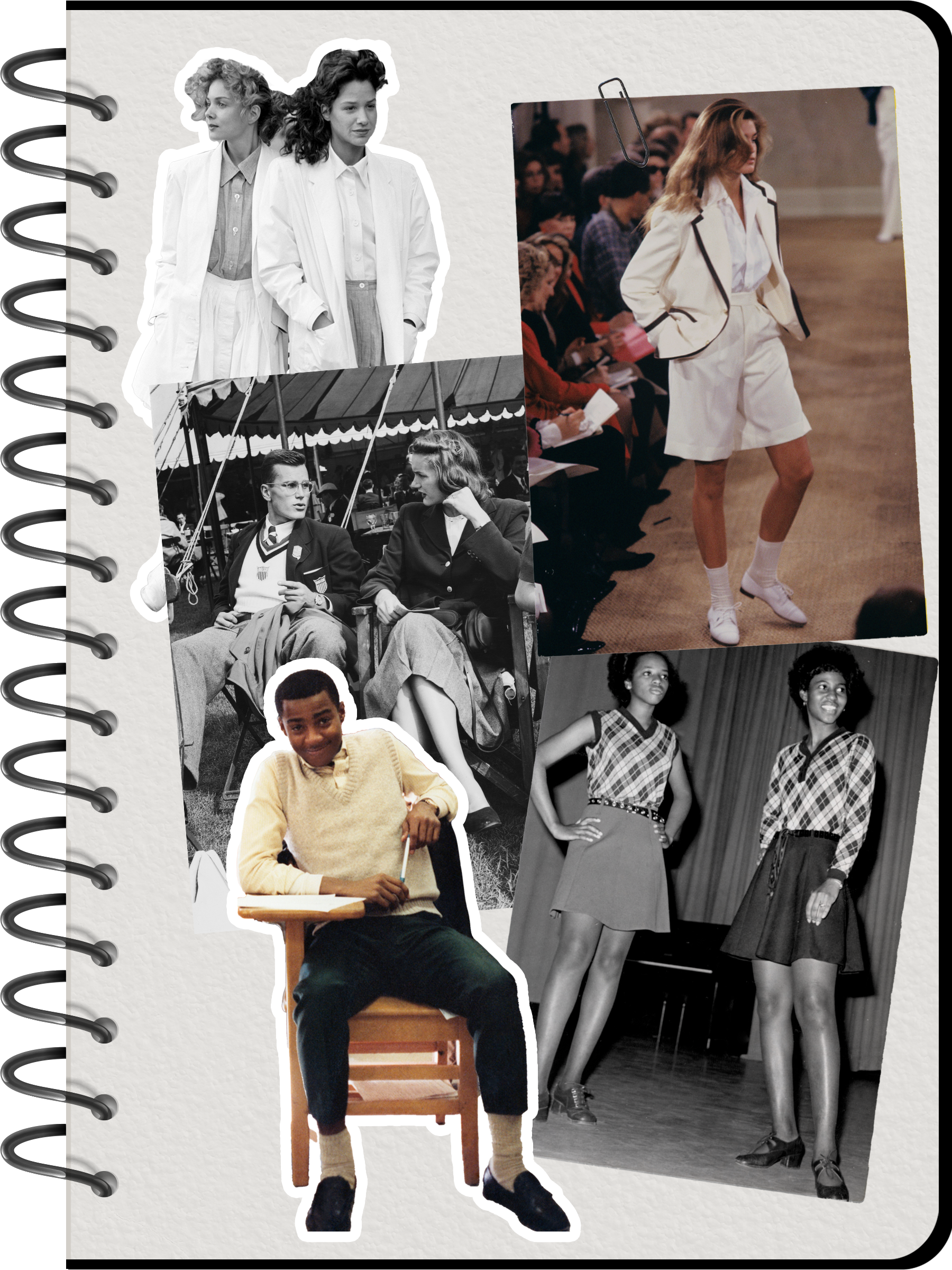 An image of archival preppy fashion, as seen on Cindy Crawford modelling for Ralph Lauren in the 1980s and Ivy League college students from the 1950s and 1960s.