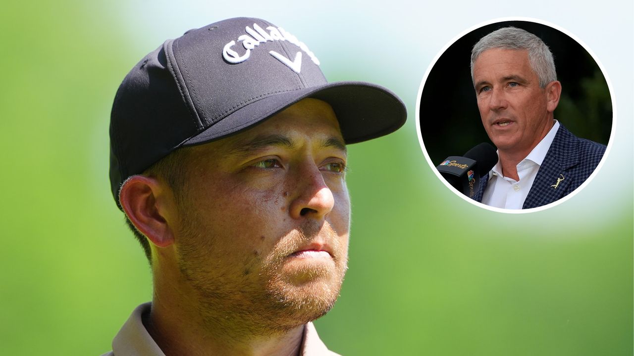 Main image of Xander Schauffele looking serious during the final round of the 2024 PGA Championship - inset photo of Jay Monahan talking at a press conference ahead of The Players Championship