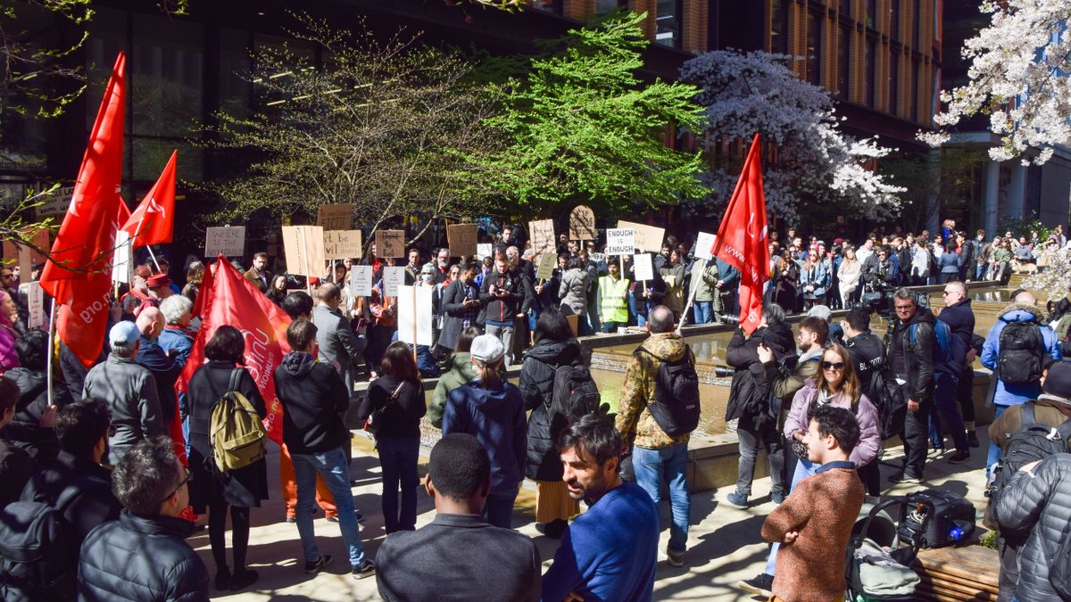  workers gathered for a protest staged by Unite the union outside the Google headquarters in Kings Cross, London.