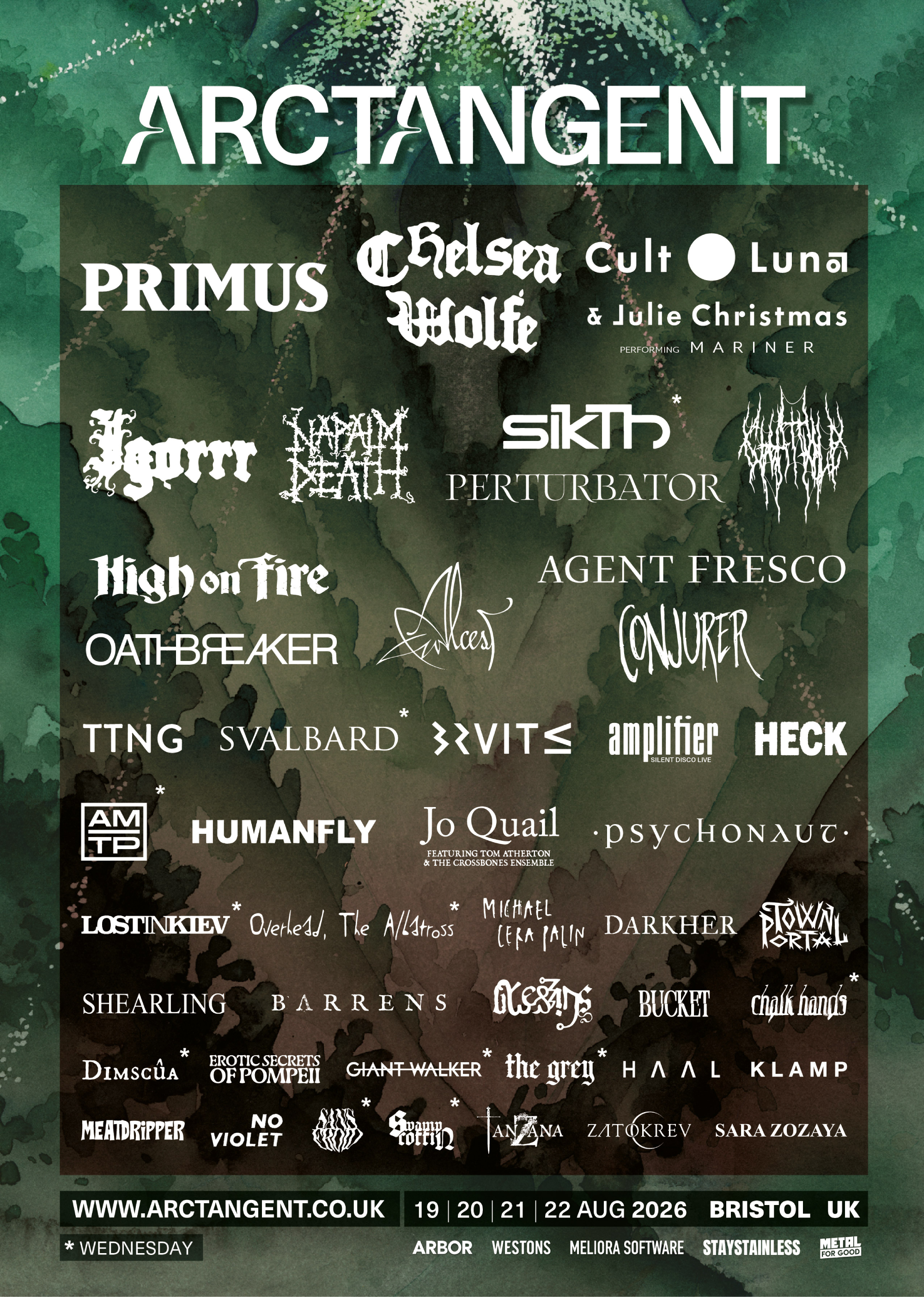 a poster of the 2025 arctangent line-up featuring headliners primus, chelsea wolfe and cult of luna