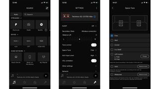 Technics SC-CX700 music system app shown on three smartphone screens