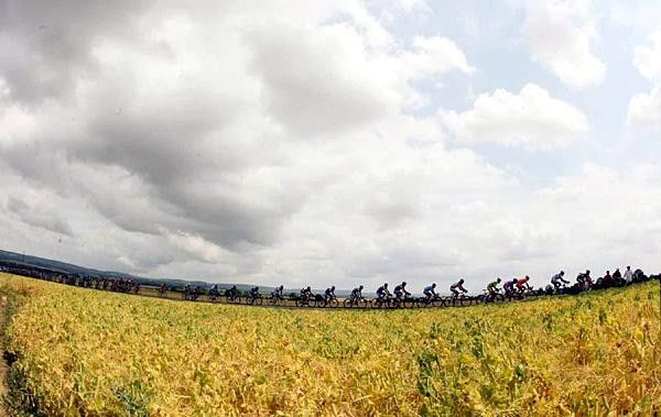 The peloton rides past endless fields