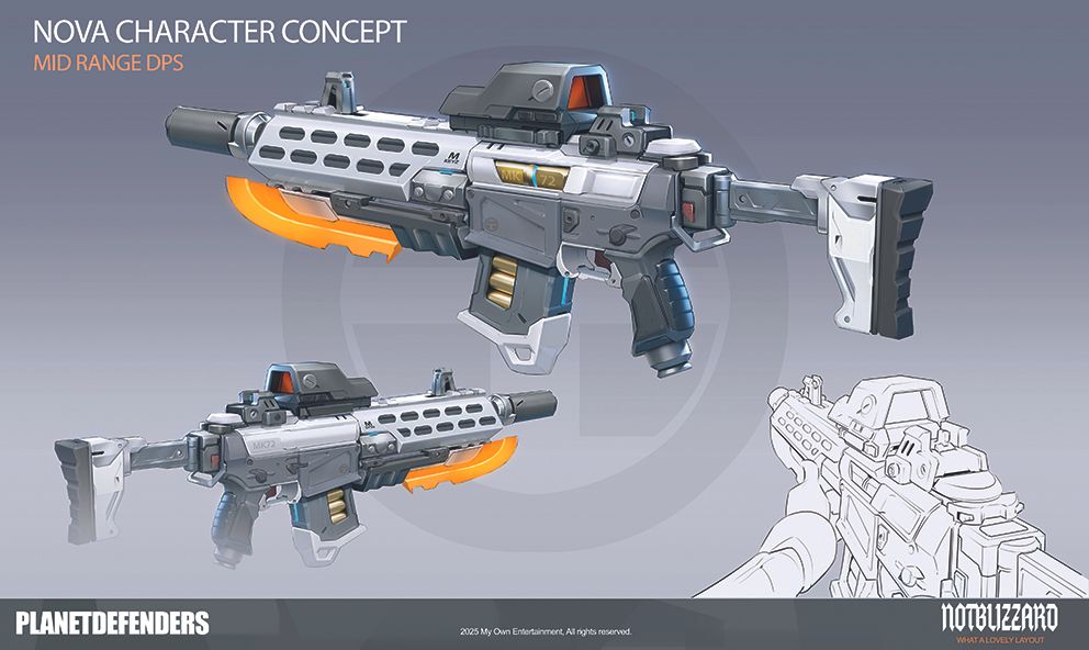 Drawings of a sci-fi character's gun