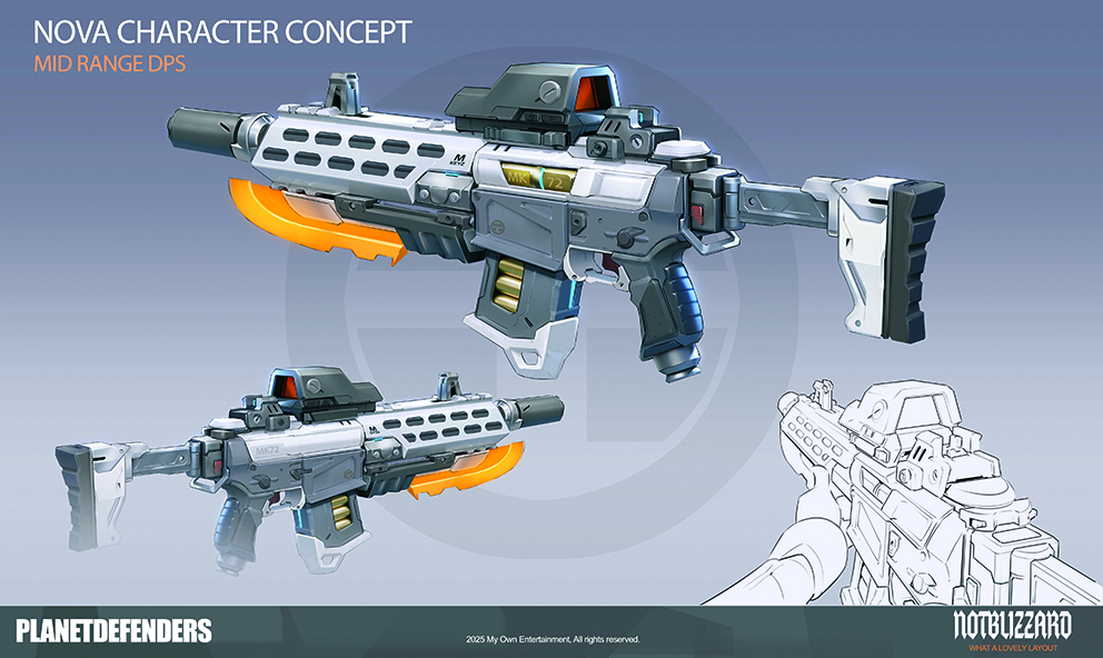 Drawings of a sci-fi character's gun