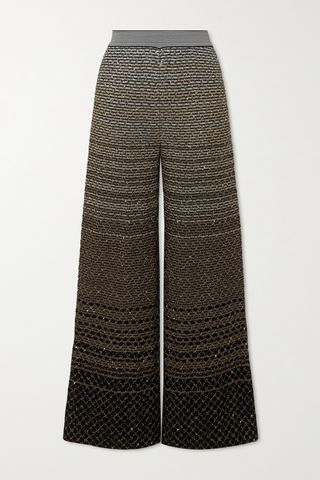 Sequined Striped Metallic Crochet-Knit Wide-Leg Pants