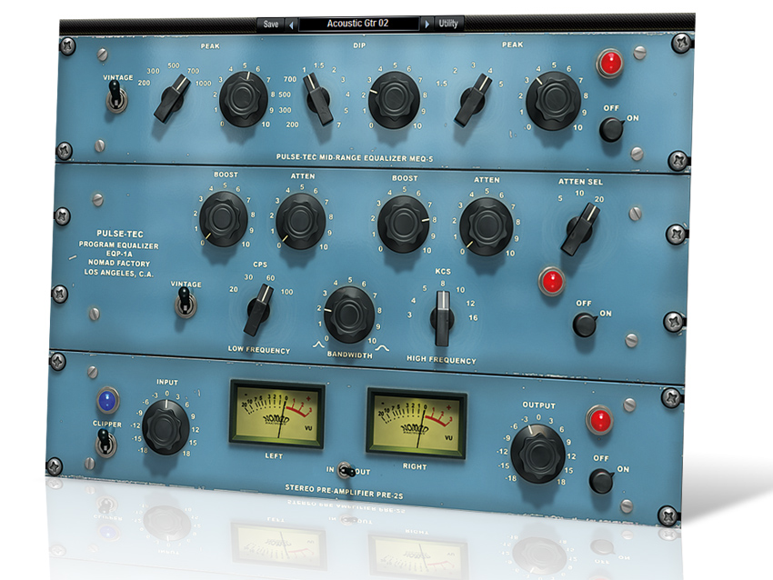 The GUI features (from top to bottom) the MEQ-5, EQP-1A and preamp.