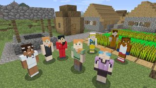 Minecraft characters standing in a field, surrounded by wooden block buildings and farmland