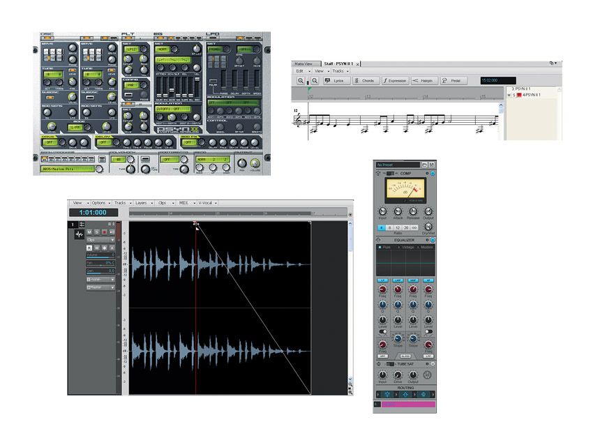 A selection of Sonar X1's features: Multidock, Staff View, Pro Channel and Clip View.