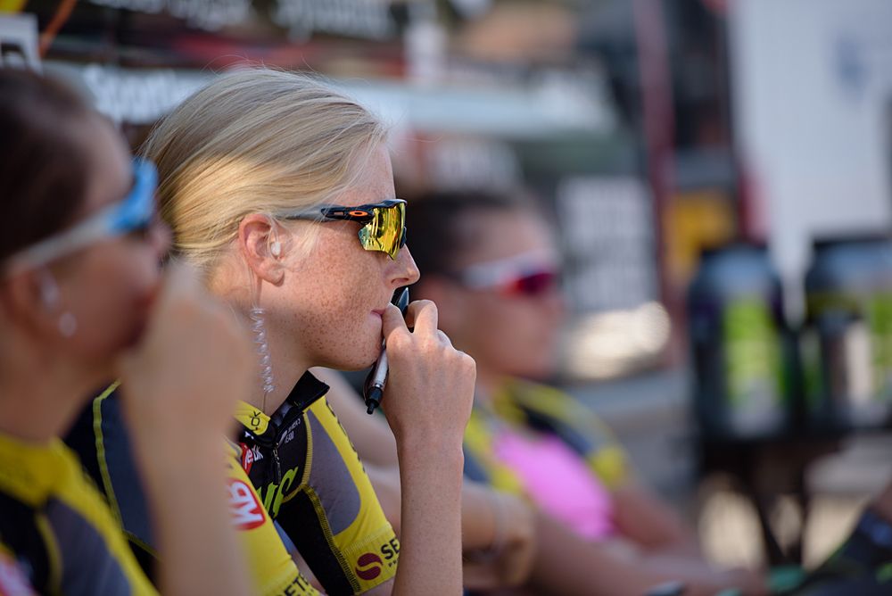 Marie Vilmann (BMS Birn) listens intently at the team meeting at the 108 km Stage 2 of the Lotto Belgium Tour 2016